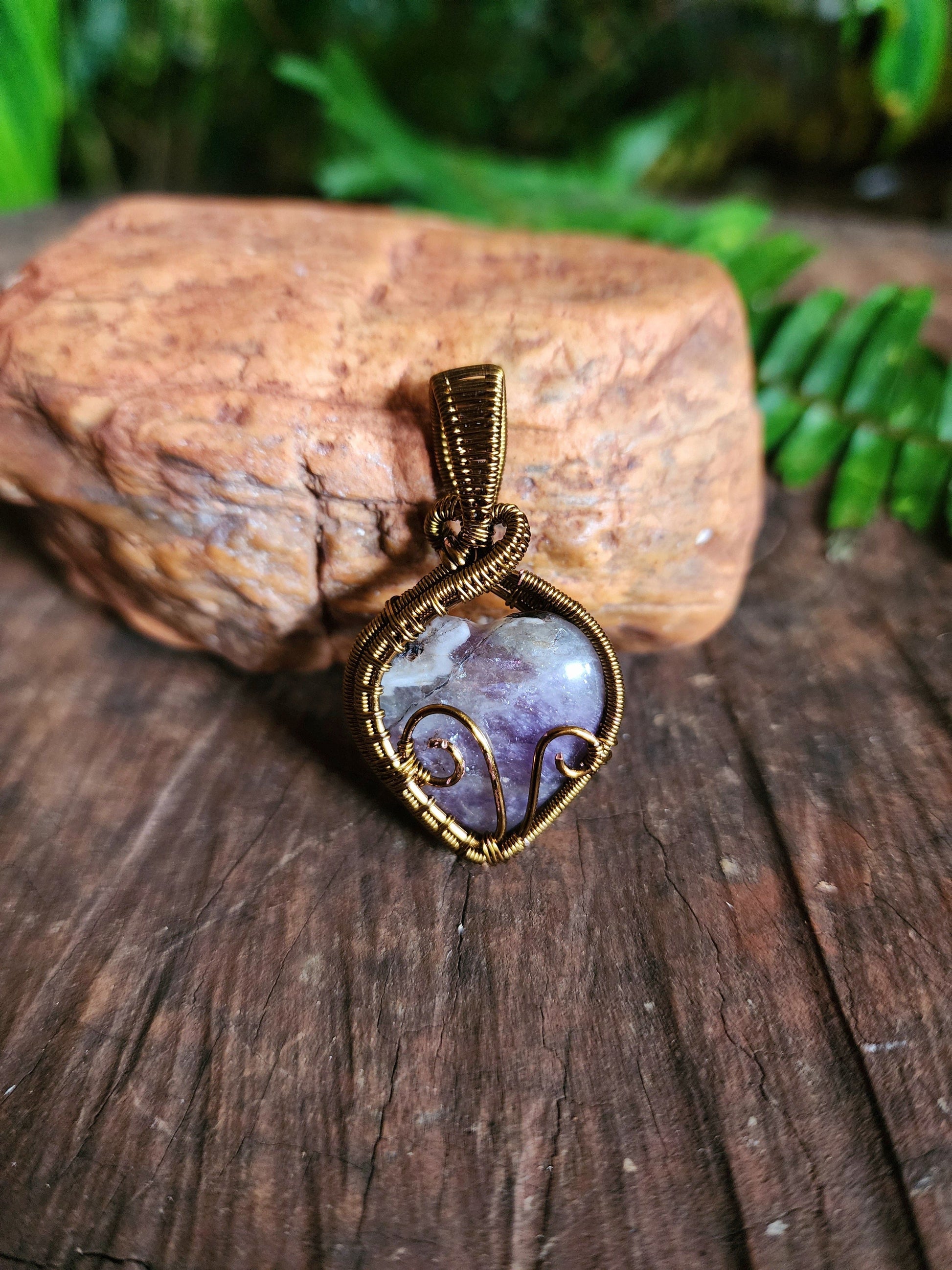 Copper Wire Wrap Crystal Amethyst Heart Copper Wire Wrapped Handmade Pendant Bronze