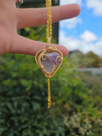Copper Amethyst Heart Gold Copper Wire Wrap Pendant Necklace