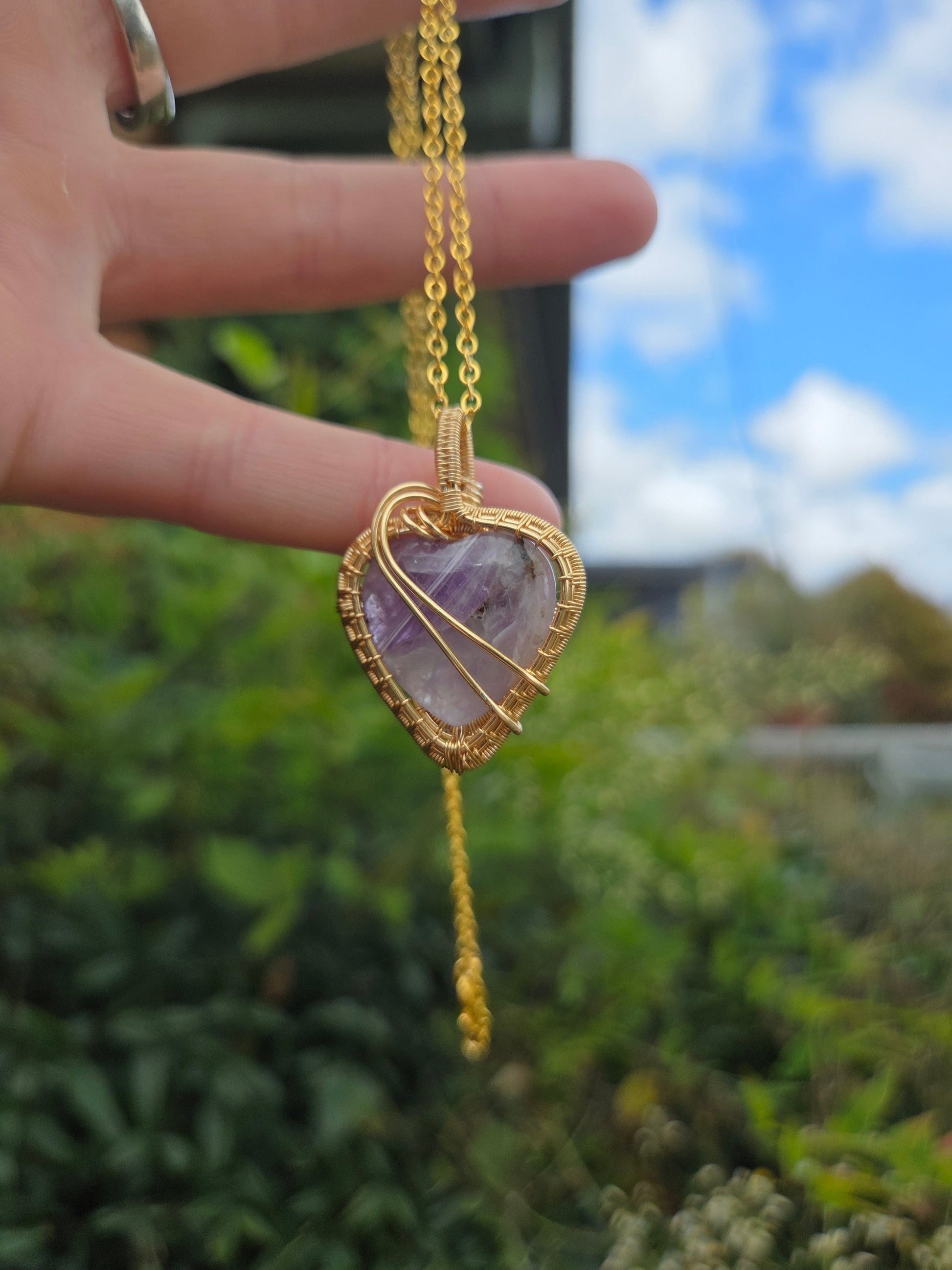 Copper Amethyst Heart Gold Copper Wire Wrap Pendant Necklace