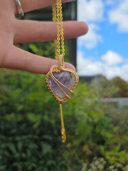 Copper Amethyst Heart Gold Copper Wire Wrap Pendant Necklace