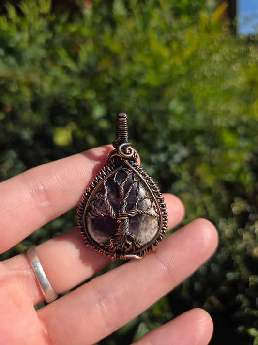 Copper Amethyst Lace Agate Copper Wire Wrapped Tree of Life Pendant Necklace