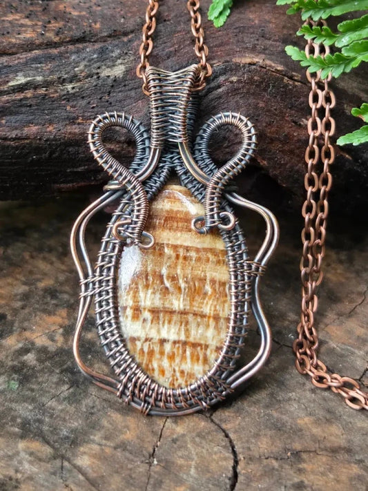Aragonite Copper Wire Wrapped Pendant Necklace - Jewellery Australia