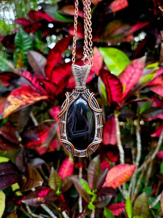 Black Banded Onyx Crystal Copper Wire Wrapped Handmade Pendant Necklace - Jewellery Australia
