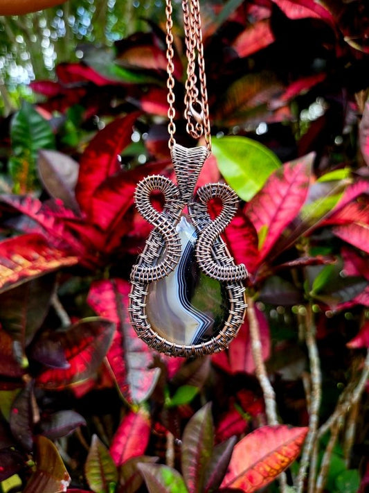 Black Banded Onyx Crystal Copper Wire Wrapped Handmade Pendant Necklace - Jewellery Australia