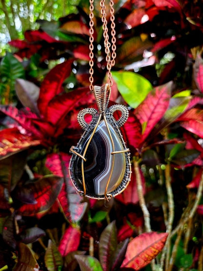 Black Banded Onyx Crystal Copper Wire Wrapped Handmade Pendant Necklace - Jewellery Australia