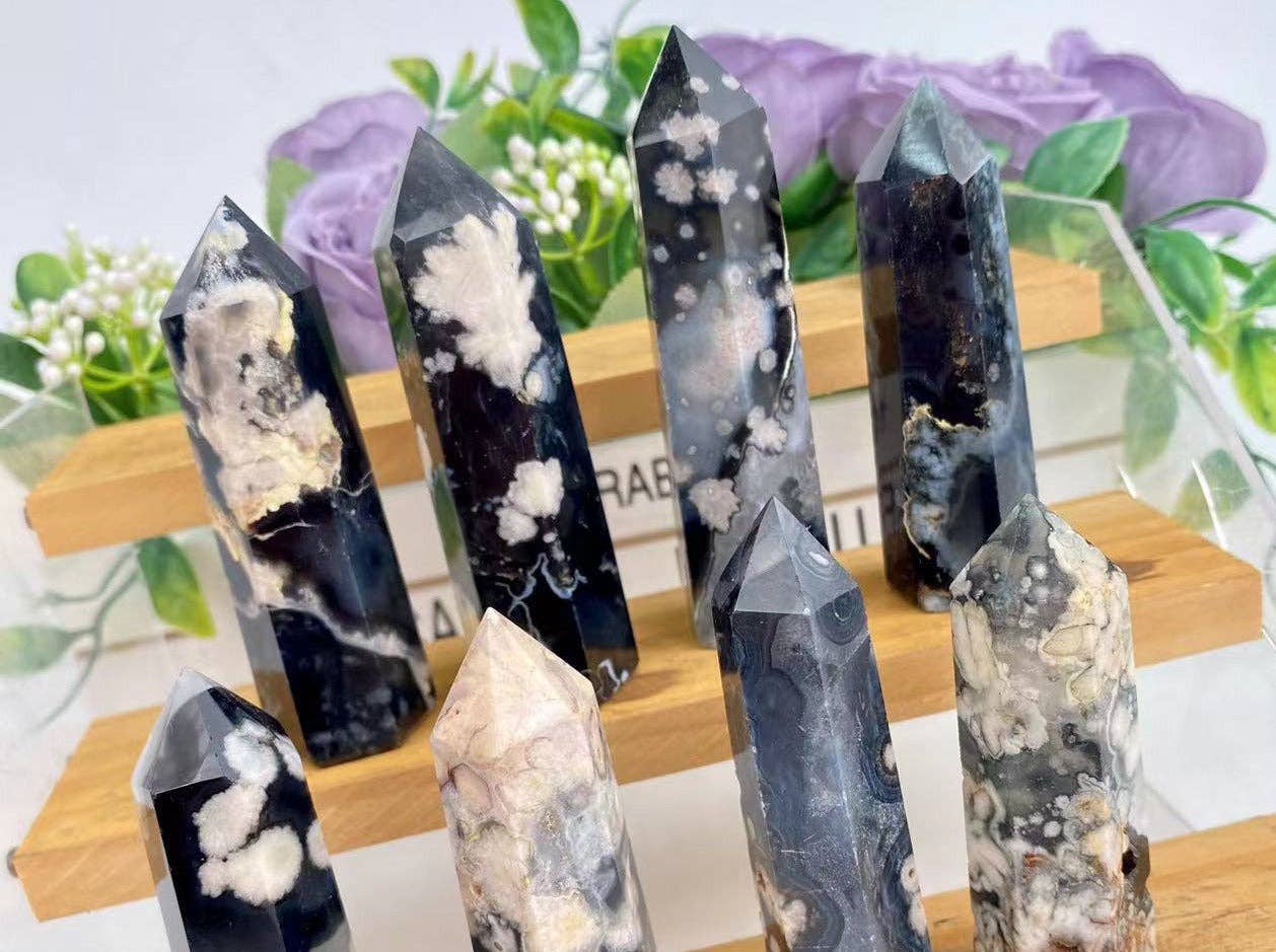 Black Flower Agate Natural Crystal Point Australia