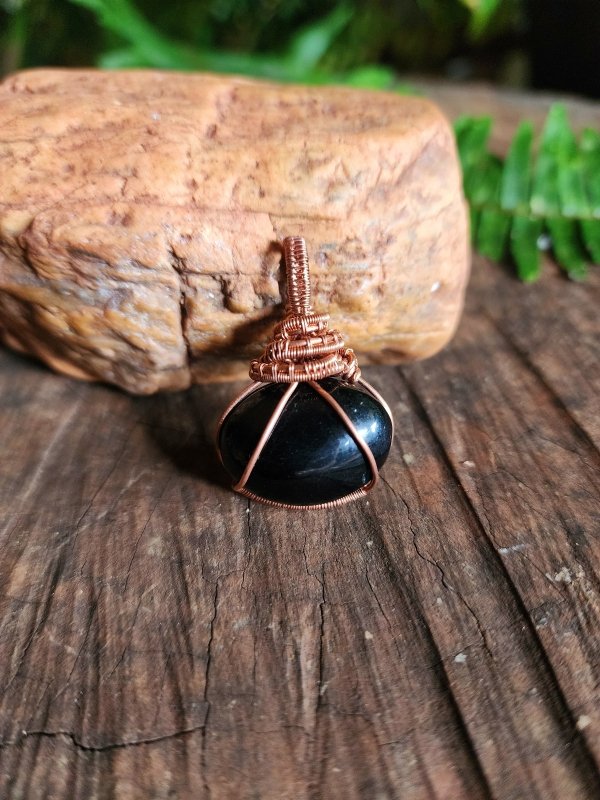 Black Obsidian Copper Wire Wrapped Handmade Pendant - Copper Wire Wrap Crystal Australia