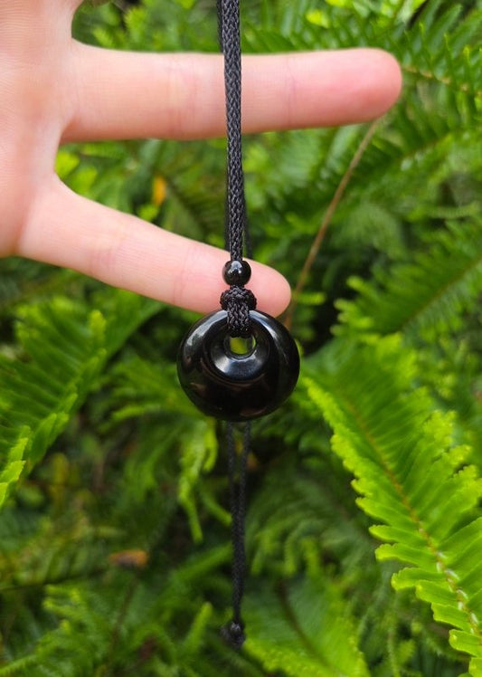 Black Obsidian Pendant Necklace - Donut Circle - Jewellery Australia