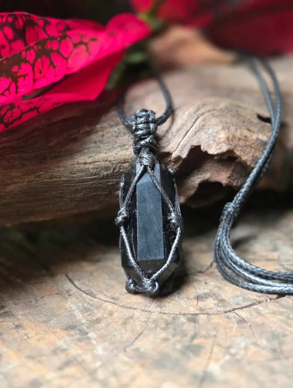 Black Obsidian Pendant Necklace Macrame - Jewellery Australia