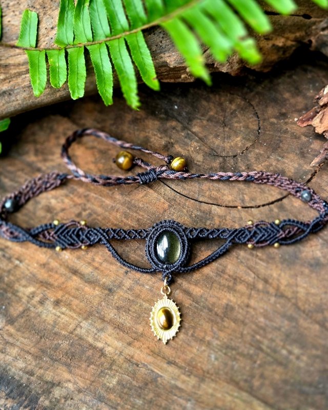 Black Obsidian & Tiger's Eye Macrame Necklace / Choker - Adjustable - Jewellery Australia