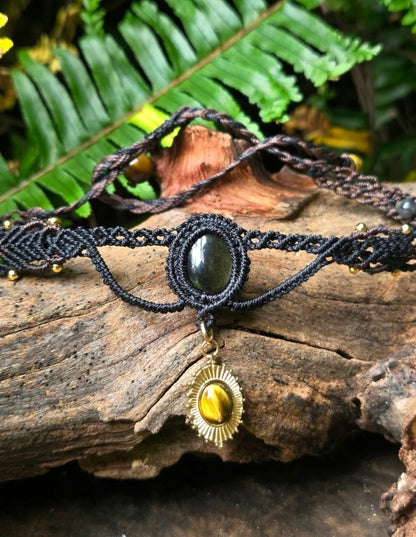 Black Obsidian & Tiger's Eye Macrame Necklace / Choker - Adjustable - Jewellery Australia