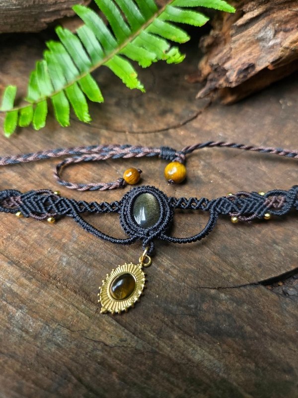 Black Obsidian & Tiger's Eye Macrame Necklace / Choker - Adjustable - Jewellery Australia