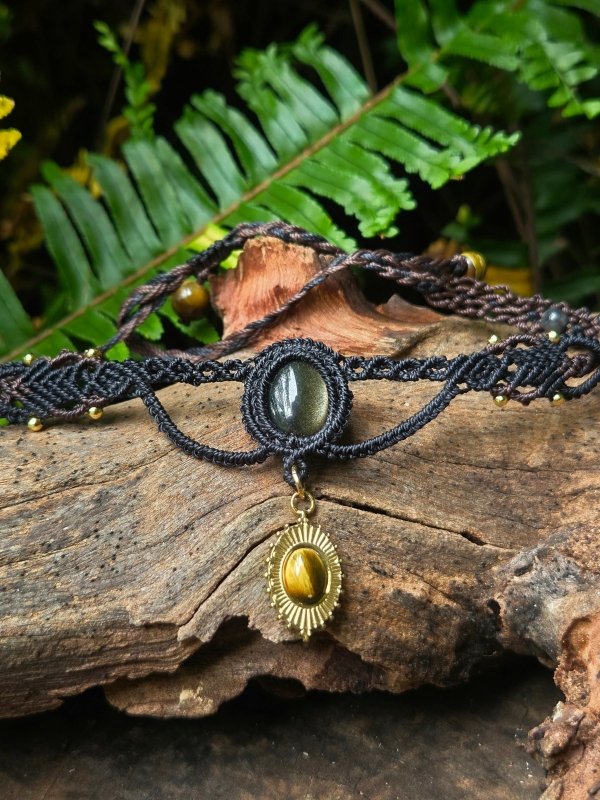 Black Obsidian & Tiger's Eye Macrame Necklace / Choker - Adjustable - Jewellery Australia