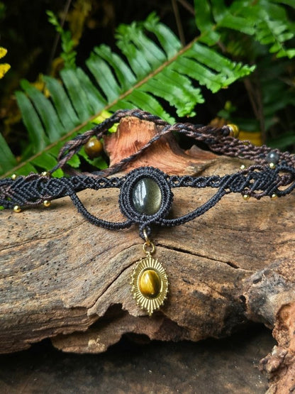 Black Obsidian & Tiger's Eye Macrame Necklace / Choker - Adjustable - Jewellery Australia