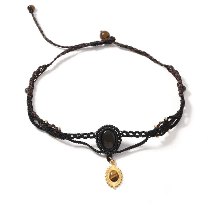 Black Obsidian & Tiger's Eye Macrame Necklace / Choker - Adjustable - Jewellery Australia