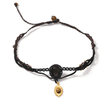 Black Obsidian & Tiger's Eye Macrame Necklace / Choker - Adjustable - Jewellery Australia