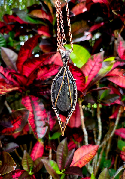 Black Tourmaline Crystal Copper Wire Wrapped Handmade Pendant Necklace