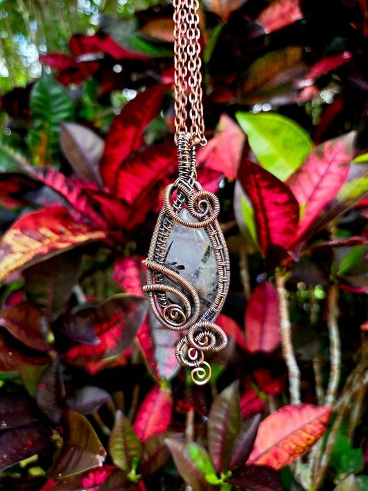 Black Tourmaline in Quartz Copper Wire Wrapped Crystal Pendant Necklace - Jewellery Australia