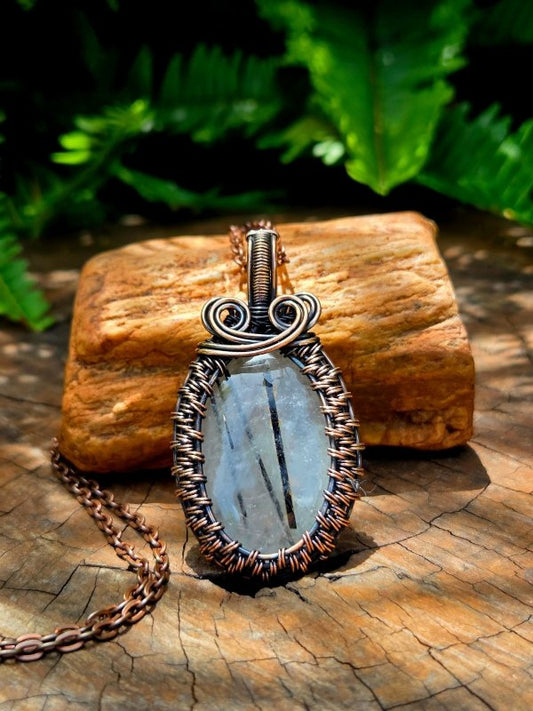 Black Tourmaline in Quartz Crystal Copper Wire Wrapped Handmade Pendant Necklace - Jewellery Australia