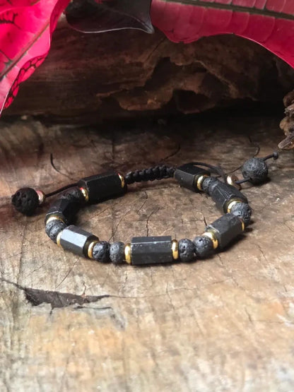 Black Tourmaline & Lava Bead Bracelet - Adjustable - Jewellery Australia