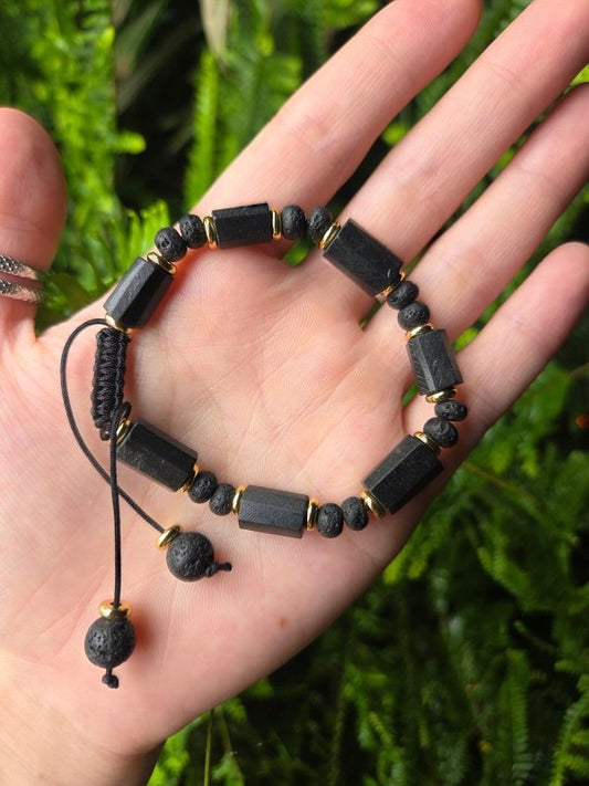 Black Tourmaline & Lava Bead Bracelet - Adjustable - Jewellery Australia