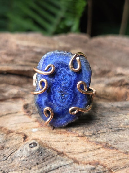 Blue Druzy Agate Copper Wire Wrapped Ring - Jewellery Australia