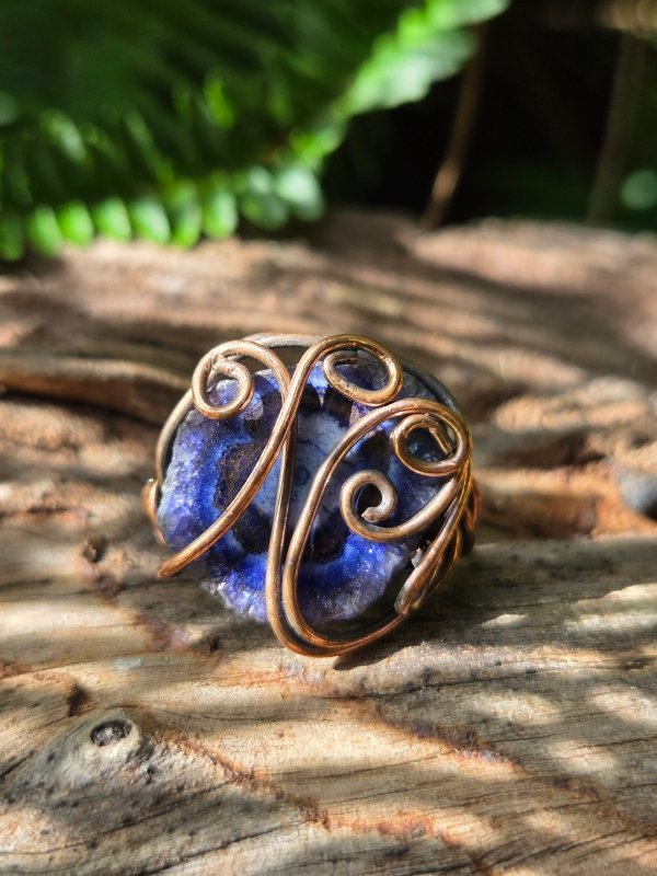 Blue Druzy Agate Copper Wire Wrapped Ring - Jewellery Australia