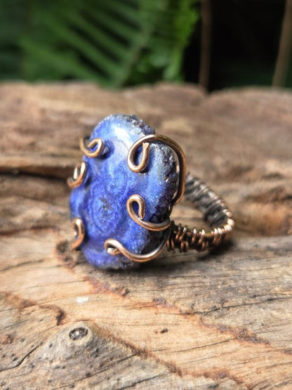Blue Druzy Agate Copper Wire Wrapped Ring - Jewellery Australia