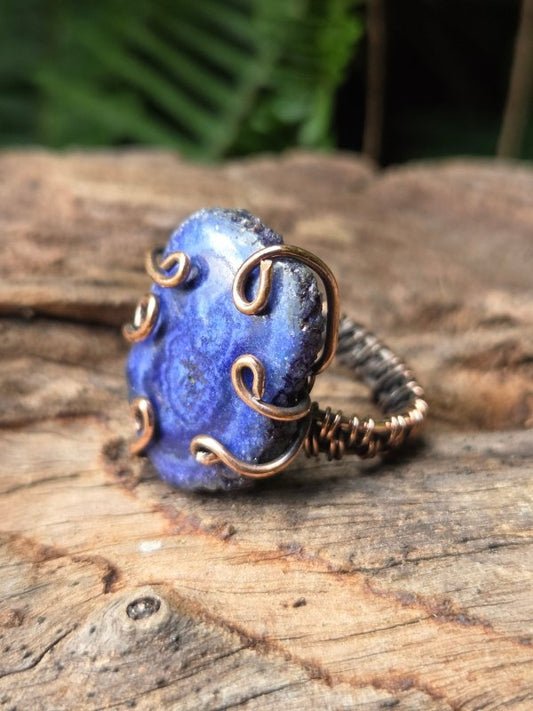 Blue Druzy Agate Copper Wire Wrapped Ring - Jewellery Australia