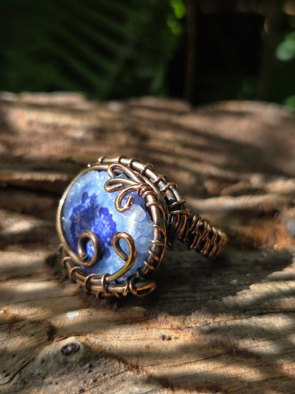 Blue Druzy Agate Copper Wire Wrapped Ring - Jewellery Australia