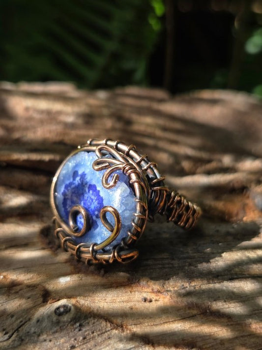 Blue Druzy Agate Copper Wire Wrapped Ring - Jewellery Australia