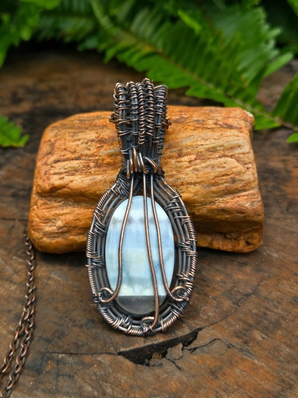 Blue Lace Agate Copper Wire Wrapped Handmade Pendant Necklace - Jewellery Australia
