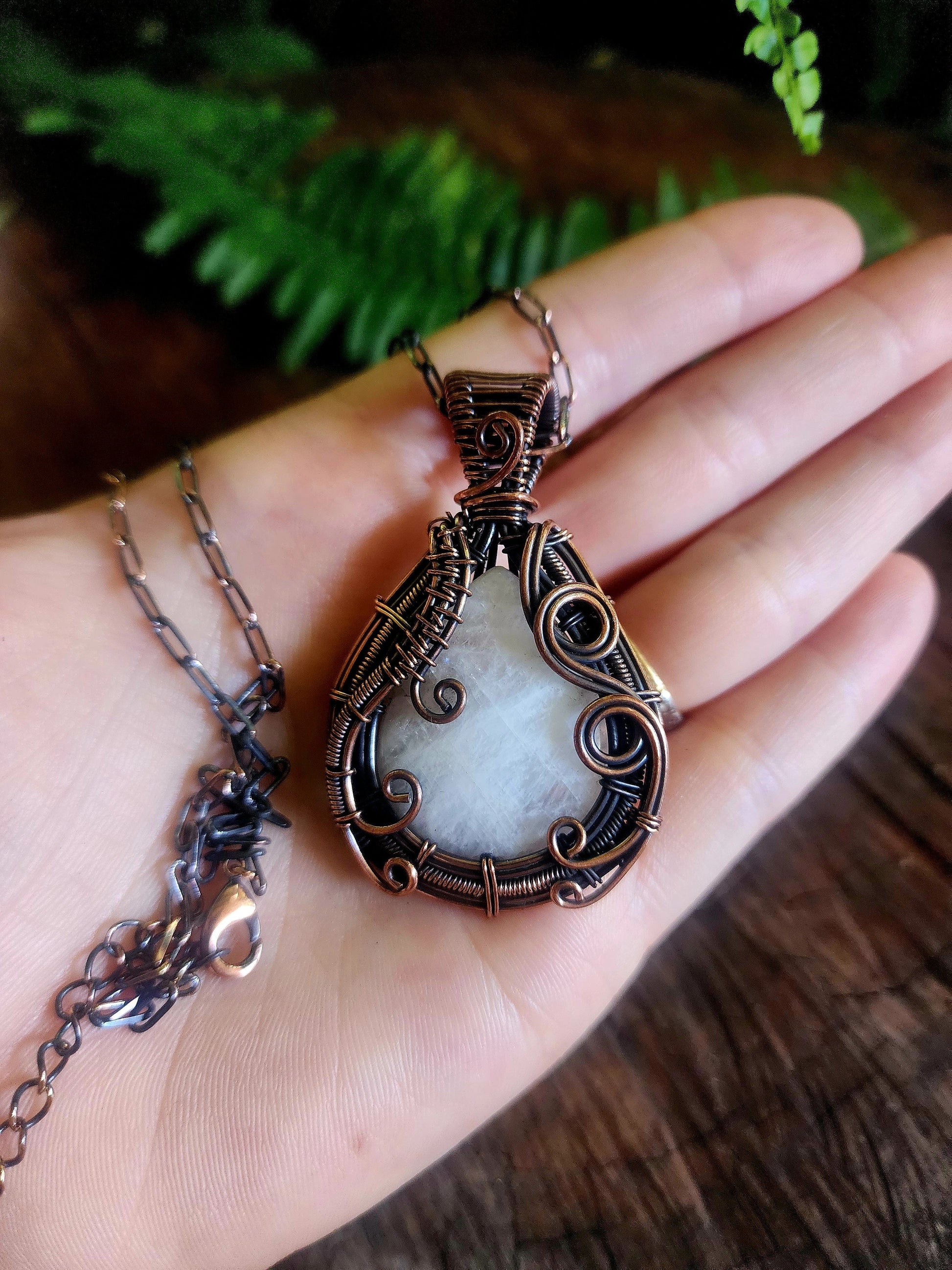 Copper Wire Wrap Crystal Blue Moonstone Copper Wire Wrapped Handmade Pendant With Chain