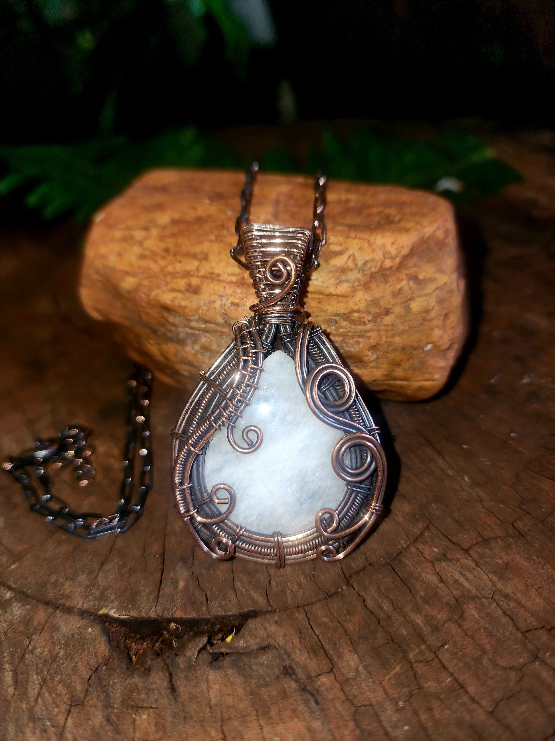 Copper Wire Wrap Crystal Blue Moonstone Copper Wire Wrapped Handmade Pendant With Chain
