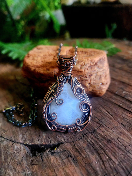 Copper Wire Wrap Crystal Blue Moonstone Copper Wire Wrapped Handmade Pendant With Chain