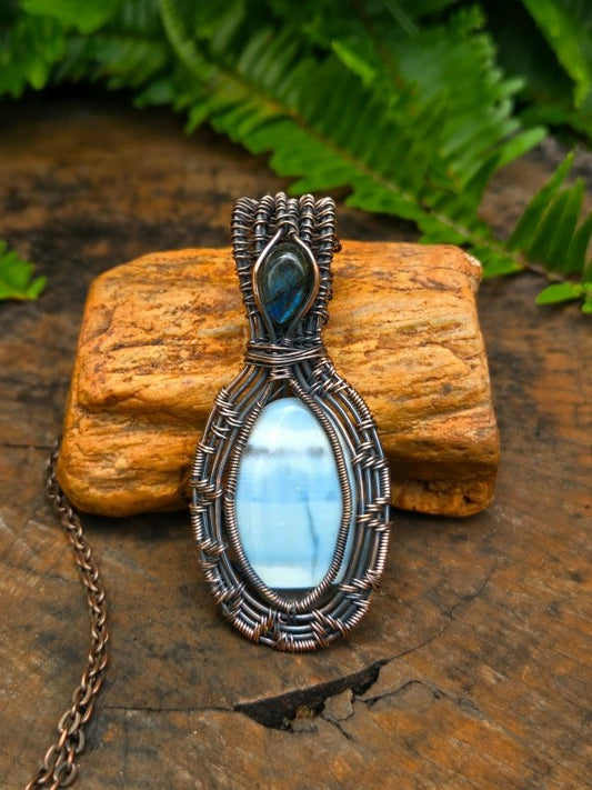 Blue Opal Copper Wire Wrapped Handmade Pendant Necklace - Jewellery Australia