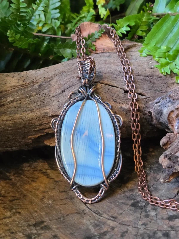 Blue Opal Copper Wire Wrapped Pendant Necklace - Jewellery Australia