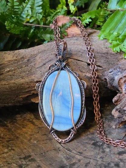 Blue Opal Copper Wire Wrapped Pendant Necklace - Jewellery Australia