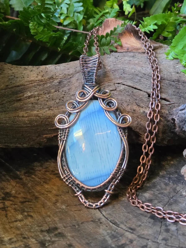 Blue Opal Copper Wire Wrapped Pendant Necklace - Jewellery Australia