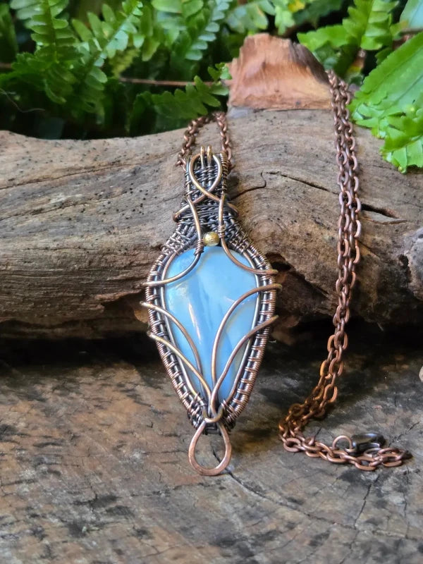 Blue Opal Copper Wire Wrapped Pendant Necklace - Jewellery Australia
