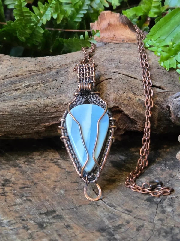 Blue Opal Copper Wire Wrapped Pendant Necklace - Jewellery Australia