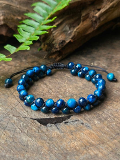 Blue Tiger's Eye Crystal Bracelet – Adjustable 6mm Beaded Macrame - Jewellery Australia