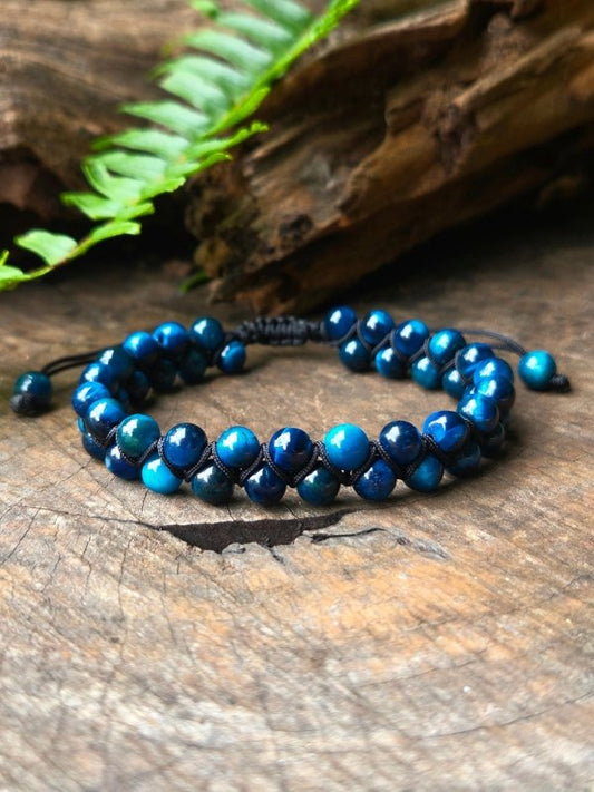 Blue Tiger's Eye Crystal Bracelet – Adjustable 6mm Beaded Macrame - Jewellery Australia