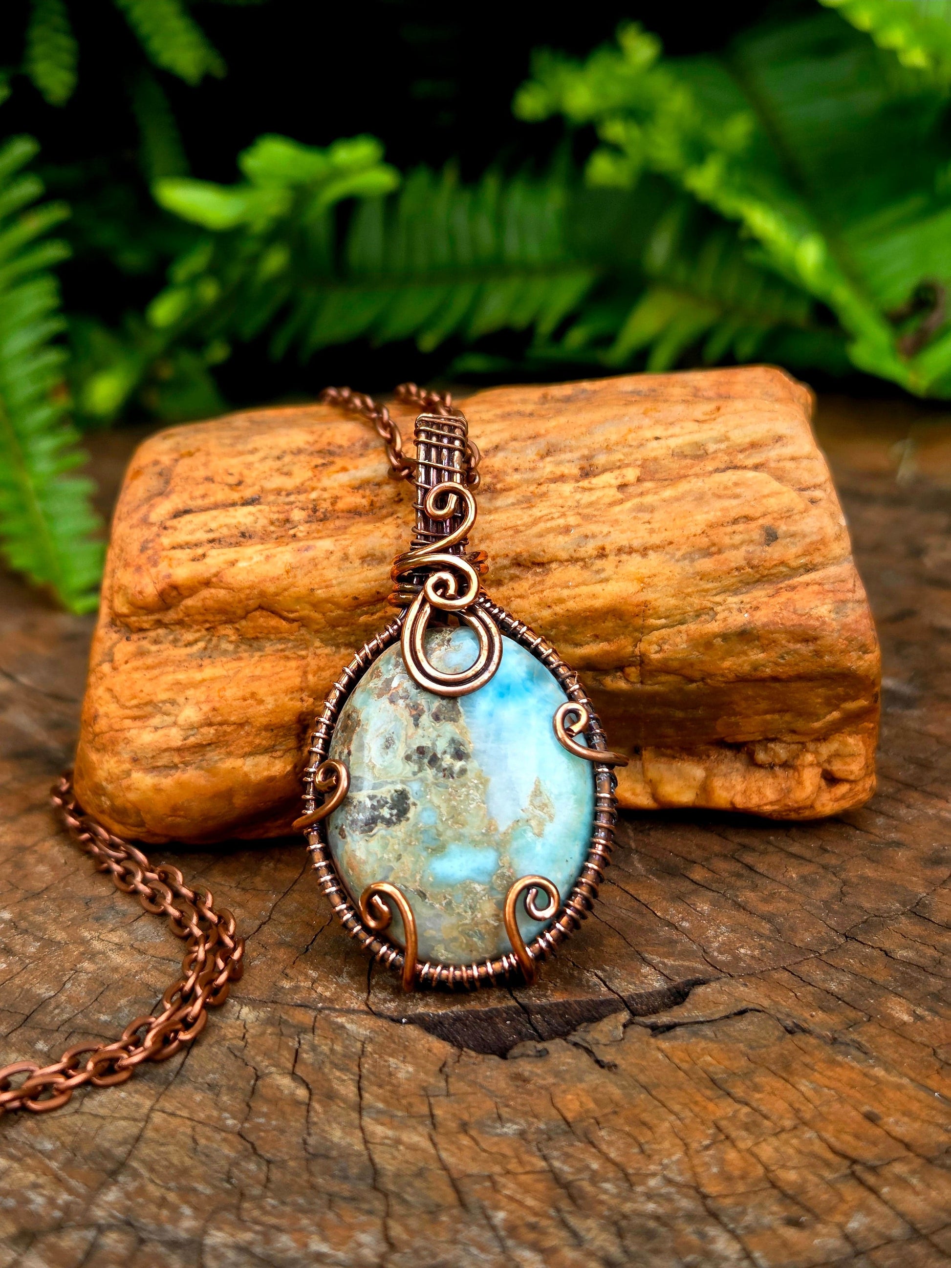 Jewellery Caribbean Calcite Copper Wire Wrapped Handmade Pendant Necklace