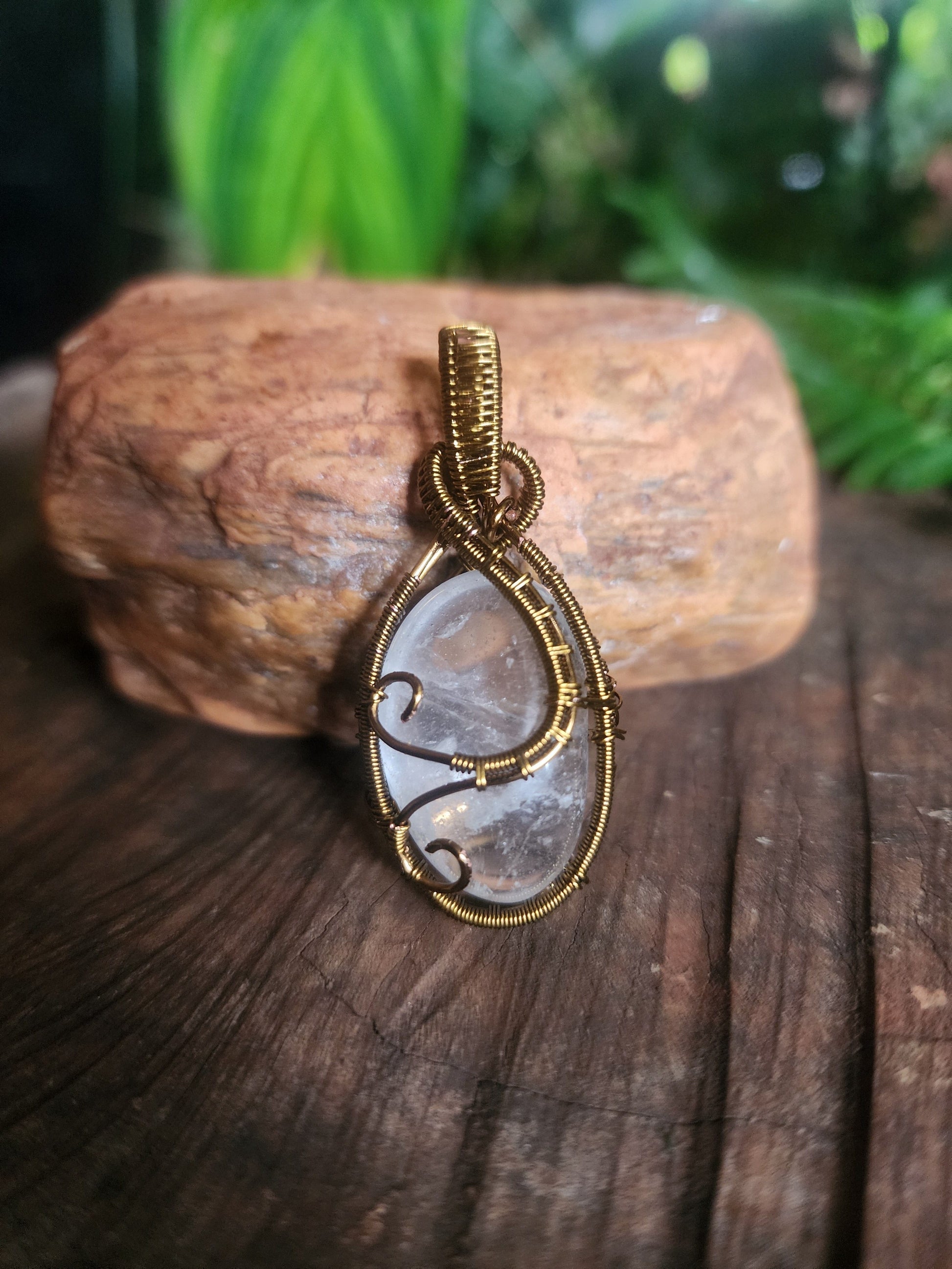 Crystals Clear Quartz Copper Wire Wrap Pendant Necklace Bronze