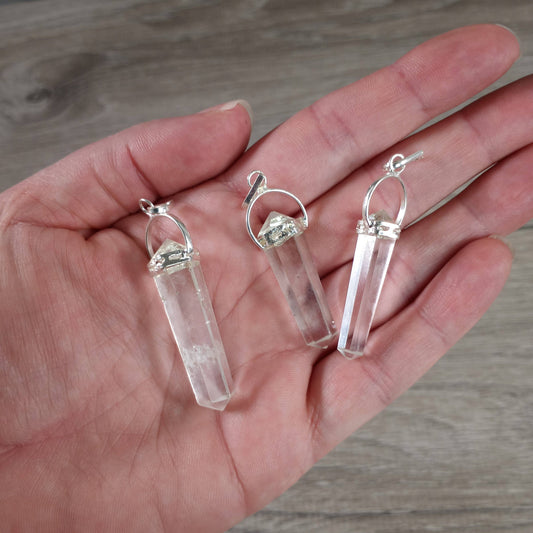 Crystals Clear Quartz Double Terminated Pendant Necklace With Black Cord