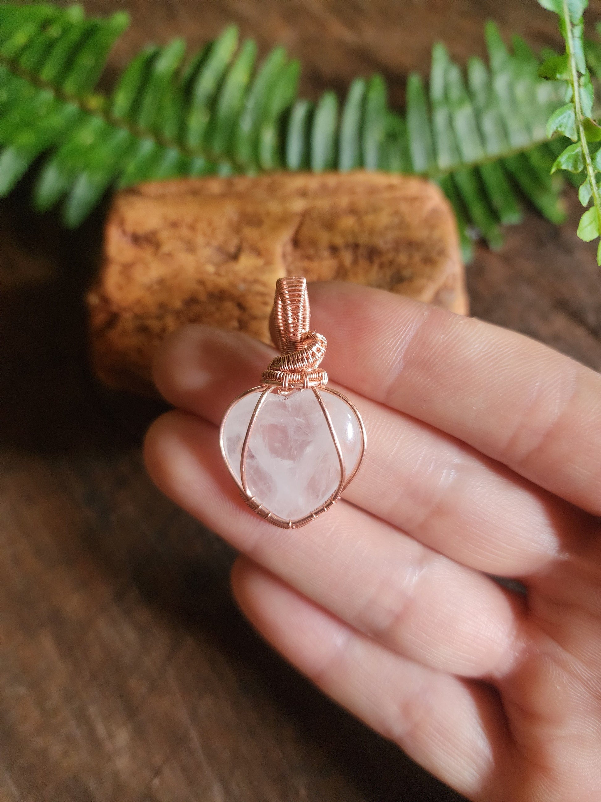 Copper Wire Wrap Crystal Clear Quartz Heart Copper Wire Wrapped Handmade Pendant