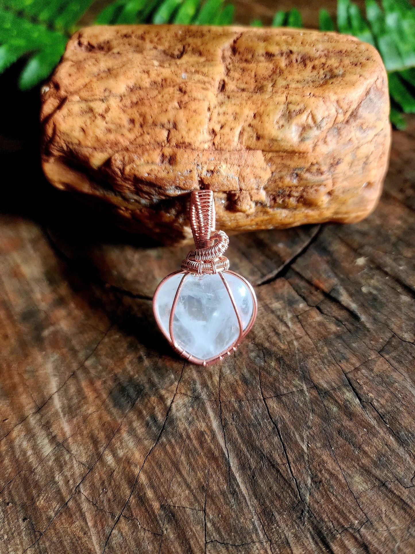 Copper Wire Wrap Crystal Clear Quartz Heart Copper Wire Wrapped Handmade Pendant