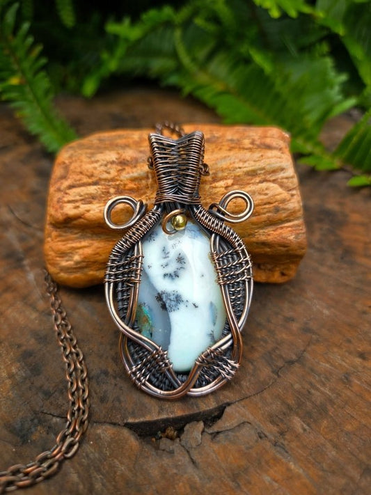 Dendritic Opal Copper Wire Wrapped Handmade Pendant Necklace - Jewellery Australia