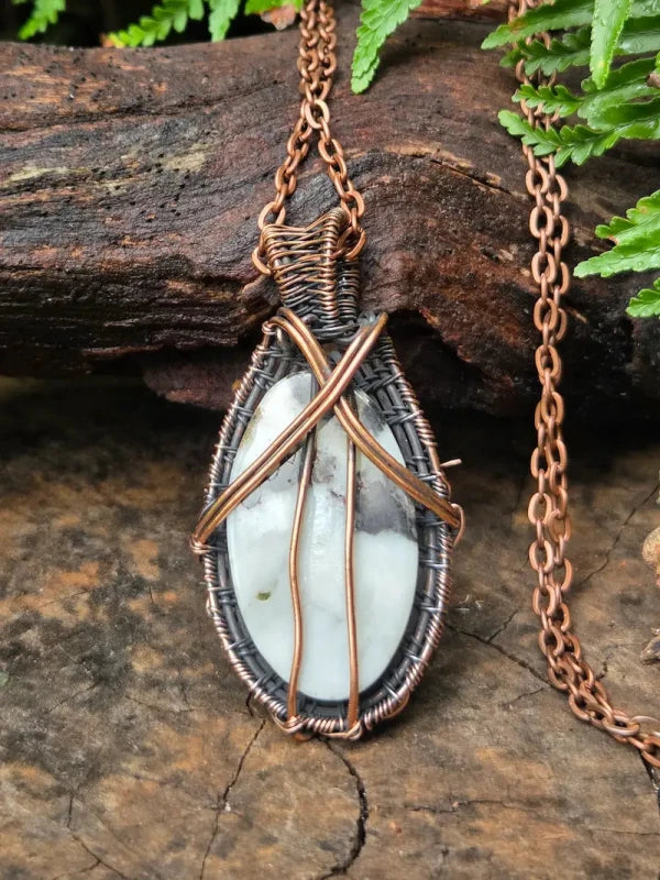 Dendritic Opal Copper Wire Wrapped Pendant Necklace - Jewellery Australia